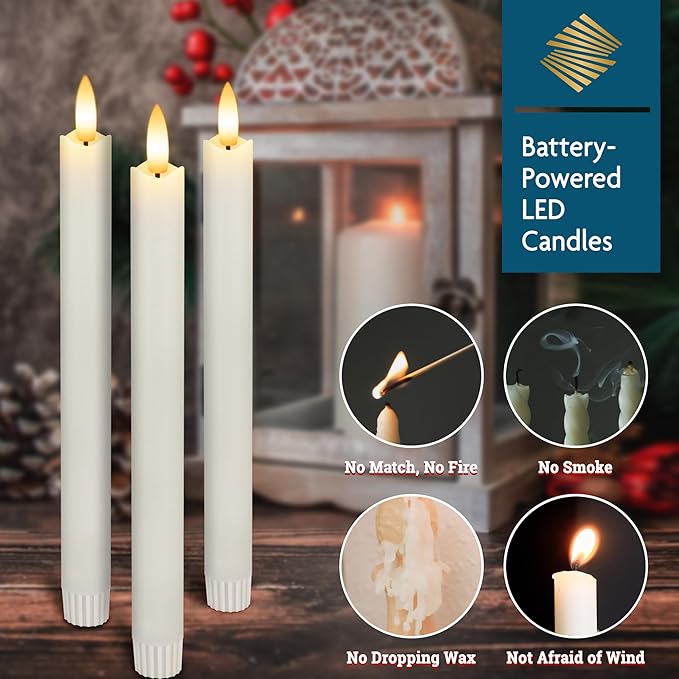 Flameless Taper Candles with Remote, Real Wax Battery Operated LED Candles Set with 3D Flickering Flame, 9.6" Realistic Dripless Candlesticks for Wedding Home Decor, 3 Pack White