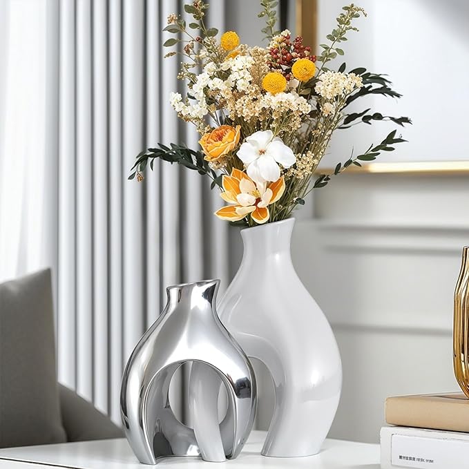White Silver Modern Abstract Ceramic Vases for Home Decor,Nordic Snuggle Hollow Design for Flowers Pampas Grass Decorative,for Living Room Coffee Table Centerpiece,Entrance,Console (White Silver)