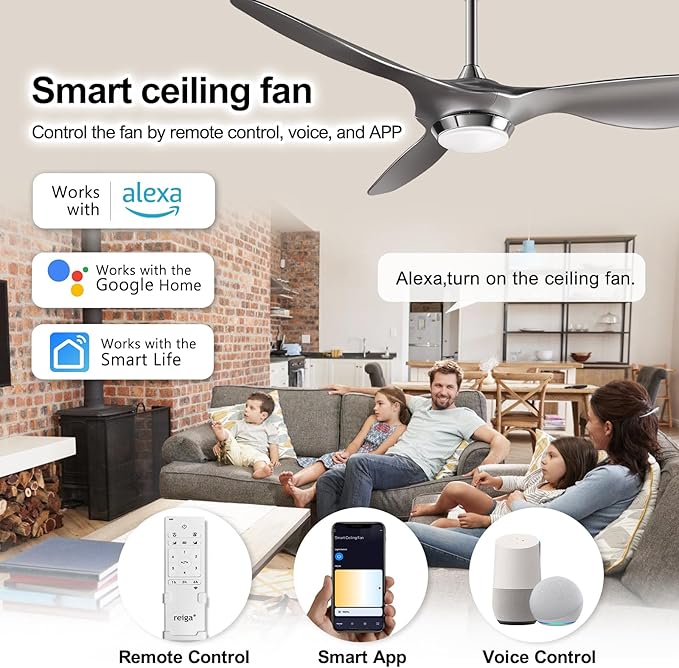 reiga 52 Inch Modern Smart Wifi Ceiling Fan with Light and Remote Control, Living Room Bedroom patio 3 Blade Ceiling Fans with Reversible Mute DC Moto