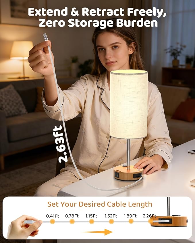 2026 Latest Bedside Table Lamp for Bedroom, 3 Way Dimmable Touch Lamp with Retractable Cable, USB-C & USB A Ports and AC Outlet, Phone Stand, Flaxen Fabric Shade for Nightstand Desk, LED Bulb Included