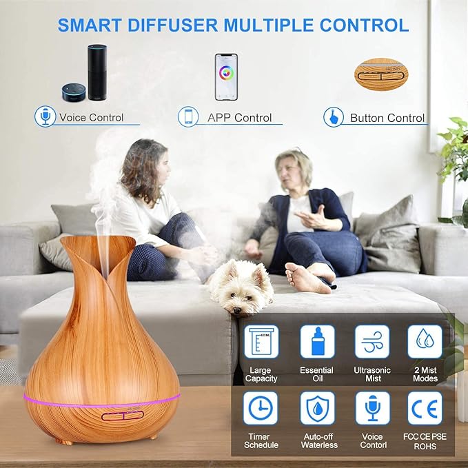 Smart WiFi Wireless Essential Oil Aromatherapy Diffuser, Compatible with Alexa & Google Home, Phone App & Voice Control, Large Ultrasonic Diffuser, LED & Timer Settings