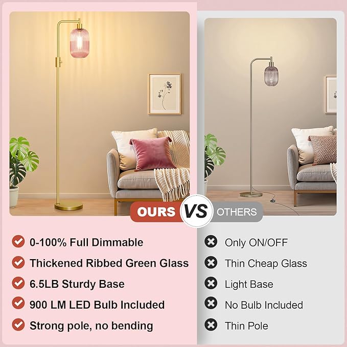 【Upgraded】 Dimmable Glass Floor Lamp for Living Room, Modern Gold Standing Lamp with Pink Ribbed Glass Lampshade & Knob Dimmer, Arc Tall Lamp for Bedroom Office Reading Room, 2700K Led Bulb Included