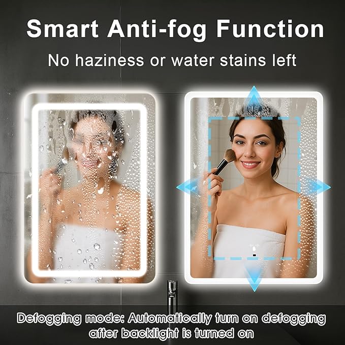 LED Bathroom Mirror, 20x28 in Vanity Mirrors with Backlit Lights for Shaving, Fogless Makeup Mirror Wall Mounted with Demister, Dimmable 3 Color Lighting, IP54, Hand Swipe, Vertically Only