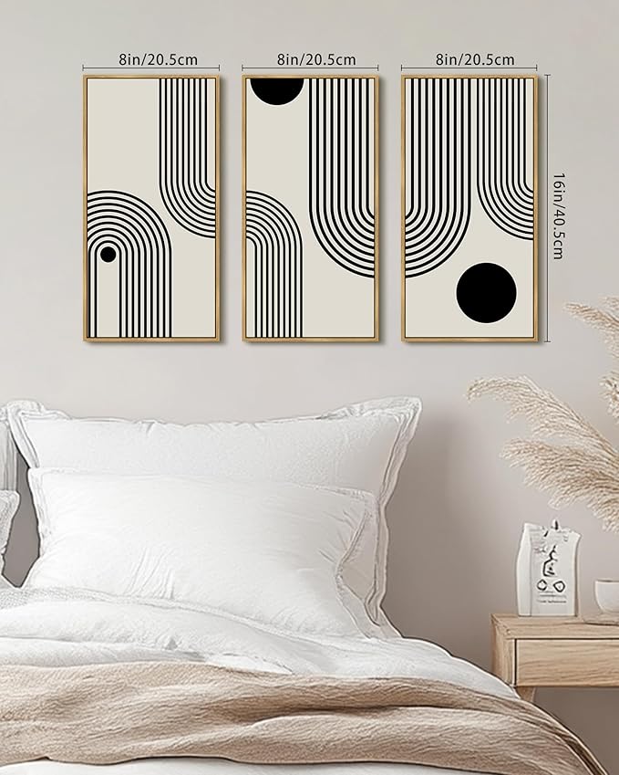 KUVIOKE Boho Wall Decor Black Minimalism Line Abstract Bohemian Art Ready To Hang 8x16in3pcs Natural Framed