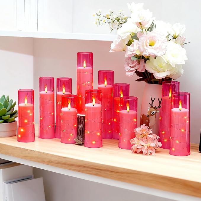 Flameless Candles with Embedded Star String - Battery Operated LED Candles, with Remote,12 Pink Flickering Candles for Christmas, Weddings, Home Decor & Party,(D 2.3"×H 5" 6" 7")