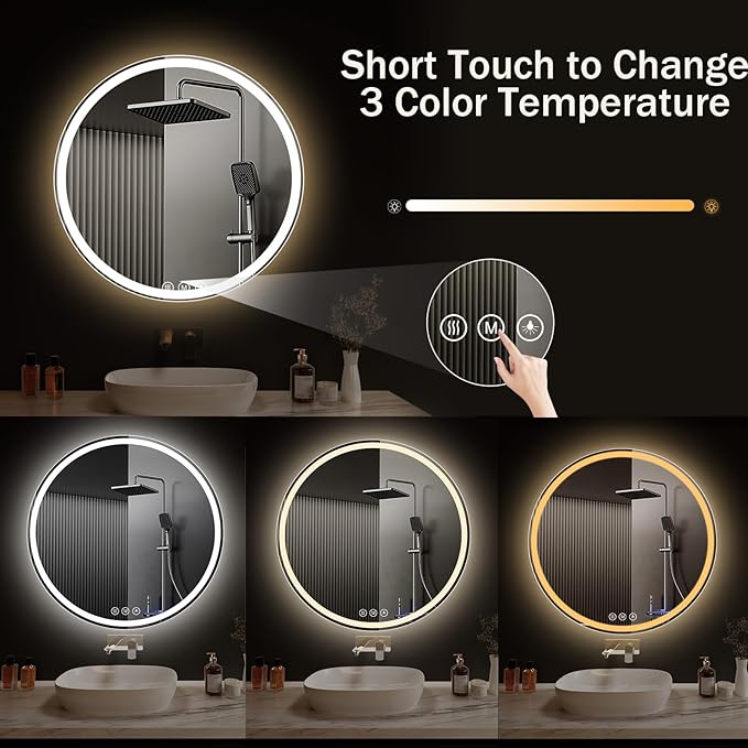 LED Bathroom Mirror 20 Inch Round Bathroom Mirror with Lights, Circle LED Mirror, Wall Mounted Lighted Bathroom with 3 Colors Brightness, Anti-Fog, Dimmable, Shatter-Proof