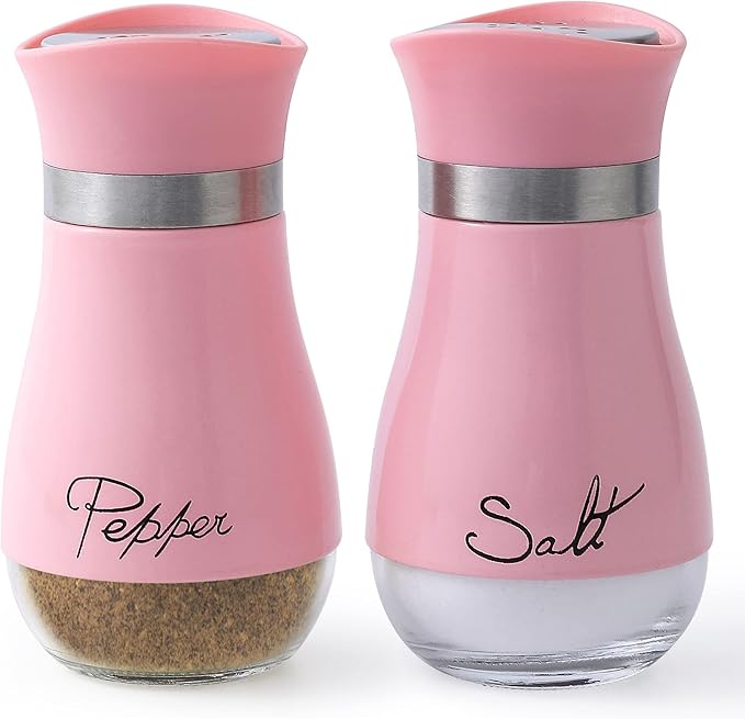 Lonffery Salt and Pepper Shakers Set - Salt Containers for Gifts, Kitchen Decor, Home, RV, Camp, BBQ, 4 oz Farmhouse Spice Dispenser with Glass Bottom, Pink, Set of 2