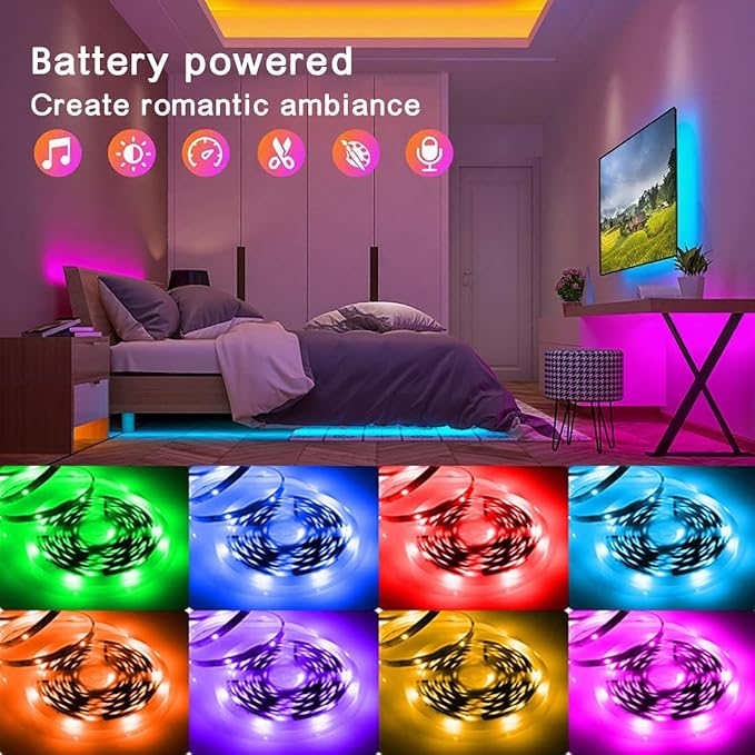 L8star Battery Powered Led Strip Lights, 2x16.4Ft (32.8Ft),Two Sets of Strip Light with 4 AA Battery Box/USB RGB LED Lights, Remote and APP Control