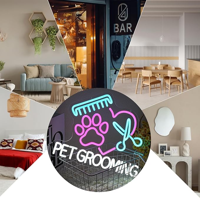 Pet Grooming Neon Sign for Wall Decor, Dimmable Paw Grooming Salon Neon Light, USB Powered Dog Grooming Led Light Up Open Sign for Pet Shop,Pet Hospital,Pet Salon Store Wall Art