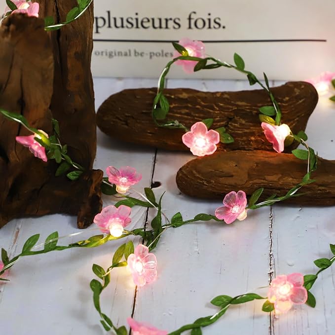 Cherry Blossom Decor Flower String Lights Vines with Fairy Lights Christmas, 30 LED Copper with Remote Control Battery Operated Pink Flower Garland Leaf for Locker, Wall,Christmas Decorations-4 Pack