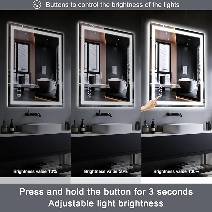 Led Bathroom Mirror with Light 48"x40" Frameless Lighted Vanity Mirror Wall Mount, Fogless, 3 Color Mode, Stepless Dimmable Front Light and Backlit, Smart Touch Sensor, Tempered Glass