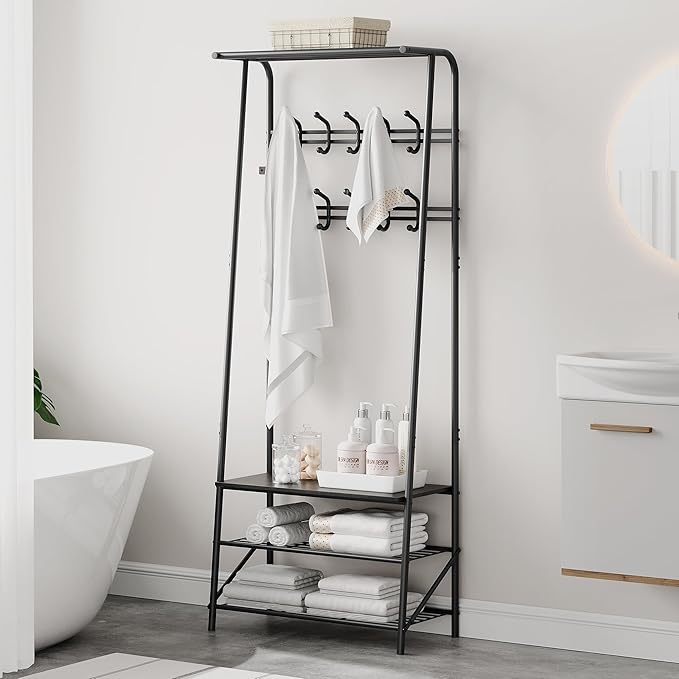 25" Coat Rack Hall Tree Shoe Bench with Hooks, 4-Tier Shelf Entryway Hall Tree with Bench And Shoe Storage, Freestanding Metal Frame Multifunctional Hallway Organizer, Accent Furniture for Bathroom