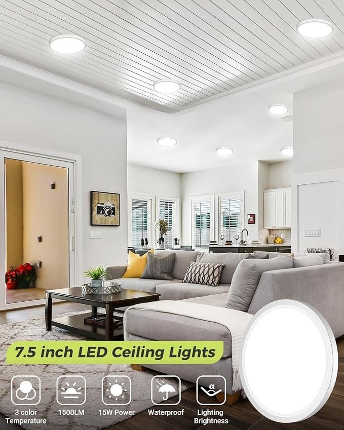 1PACK LED Flush Mount Ceiling Light, 3CCT Selectable 3000K-4000K-6500K & 100W Equivalent Modern Kitchen Recessed Ceiling Lamp 15W 1500Lm 7.5 Inch for Bathroom Closet Laundry Bedroom Hallway, White