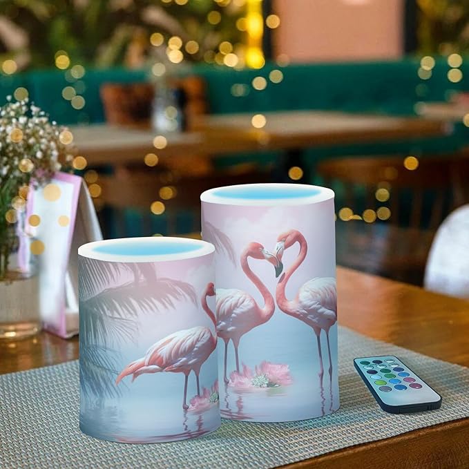 YETTASBIN Flamingo Flameless Candles with Remote Control and Timer, Adjustable Brightness Long Lasting Battery Operated LED Pillar Candles for Indoor Outdoor Party Home Decor, 2 Pack