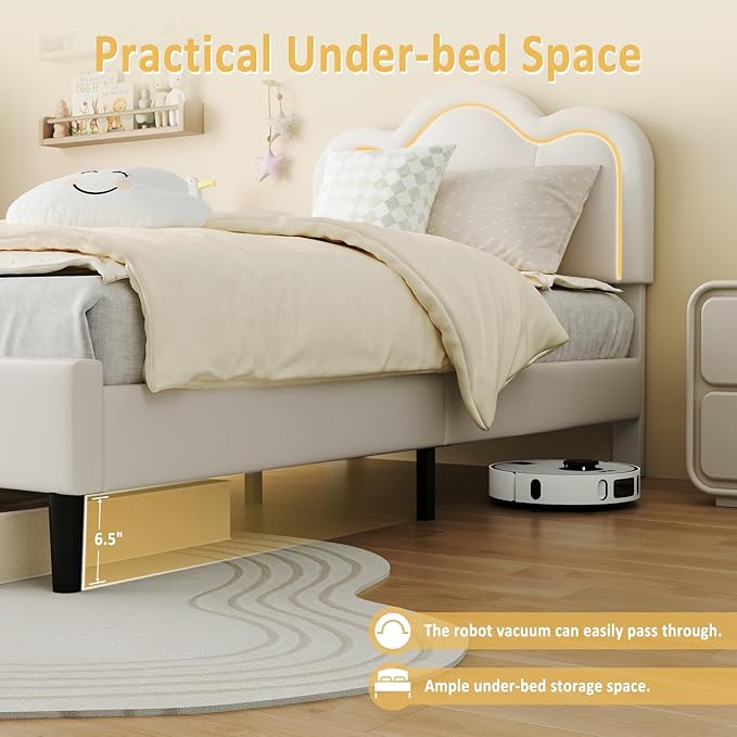 GarveeHome Twin Upholstered LED Bed Frame with Headboard, PU Leather Princess Platform Bed Frame for Kids, Wooden Slats Support, No Box Spring Needed (Cream)