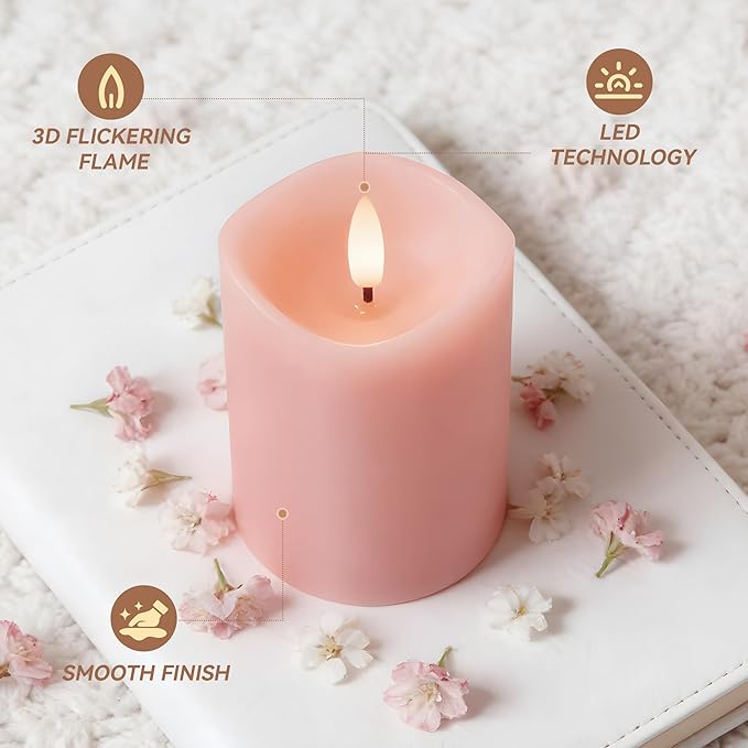 Pink Flameless Candles with Remote and Timer, Real Wax Made LED Pillar Candles Battery Operated with 3D Flickering Flame Melted Edge, 3" x 4",5",6", Set of 3 (Pastel Pink)