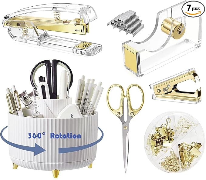Gold Desk Organizers and Accessories Set with 360-Degree Rotating Pen Holder, Acrylic Stapler, Tape Holder, Staple Remover, Binder/Paper Clips Kit, Scissor and 1 Box of Staples