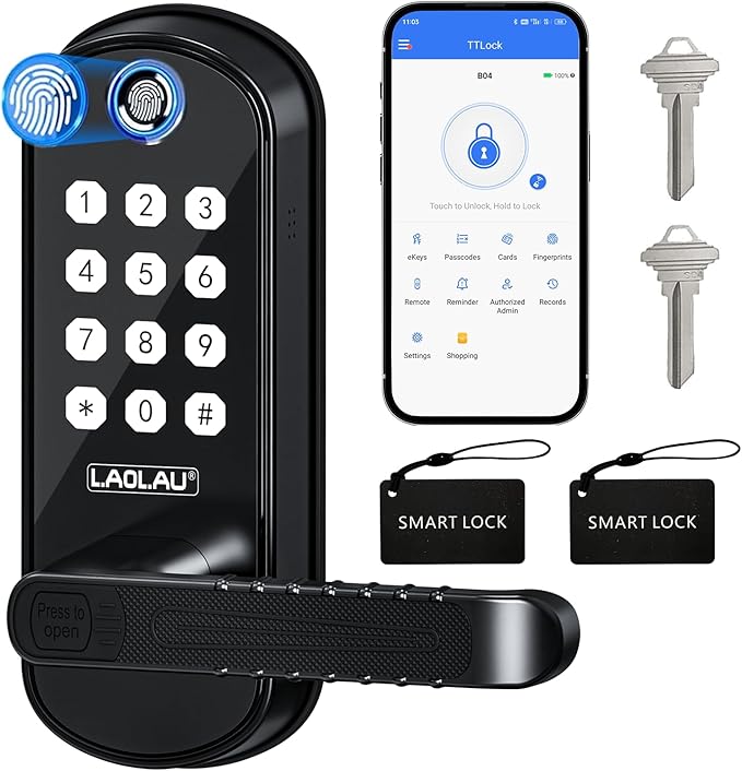 B04 Fingerprint Electronic Door Lock with Keypad and Handle – Keyless Entry Smart Door Lock, Remote APP Control, Code Unlock, Matte Black, Smart Locks for Front Door, Home, Office Use