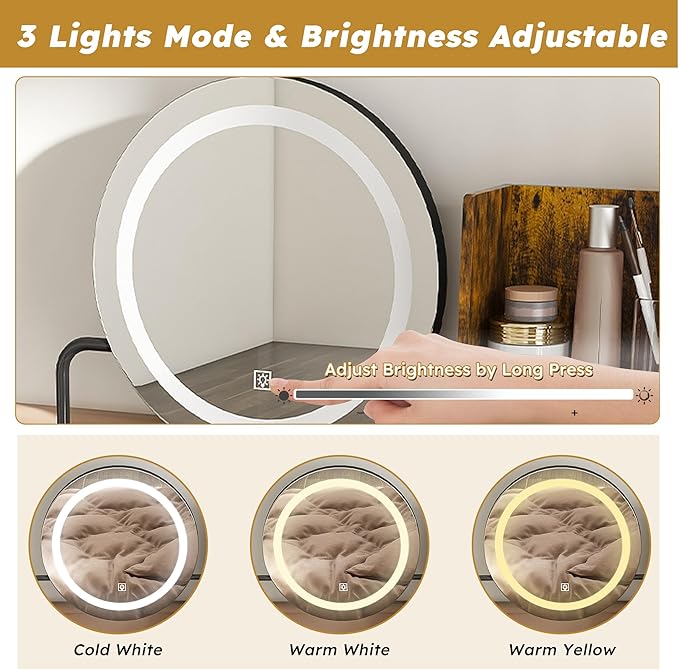 Vanity Desk with Mirror & Power Outlet,3 Dimmable Colors Light Small Makeup Vanity Table Set with 2 Large Drawers & Chair,Adjustable Brightness Dressing Table for Girls Bedroom, Retro
