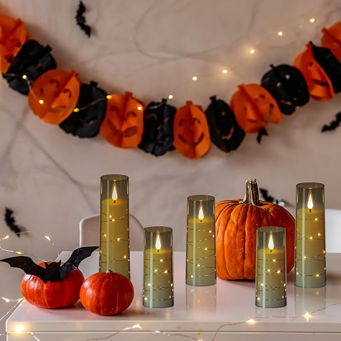 Black Flameless Candles with 2 Remote, Battery Operated Candles with Embedded String Lights and 3D Wick, LED Candles with Remote Timer for Spring Wedding Home Decororations (Set of 5)