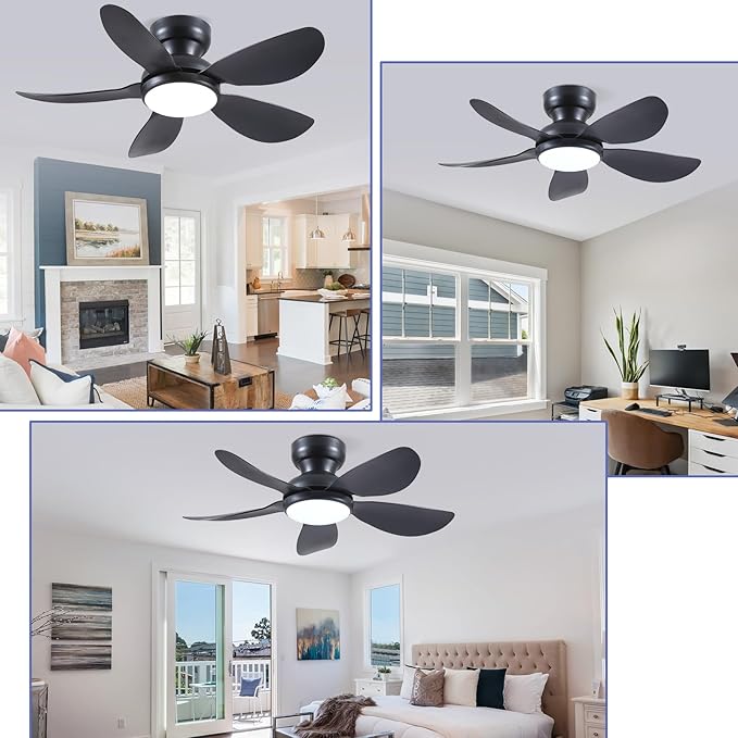 36 Inch Modern Ceiling Fans with Lights, Small Flush Mount Ceiling Fan, Remote/APP Control, 5 Reversible Curved Blades, 6 Speeds, 3 CCT Dimmable Lights for Kids Room Bedroom, Black