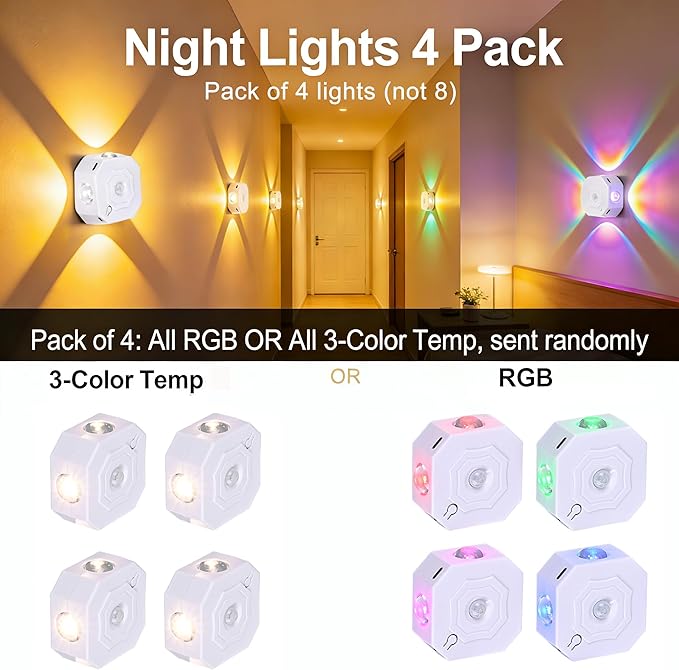 Motion Sensor LED Night Lights 4 Pack, Rechargeable Wireless Stair Lights, Magnetic Installation, RGB & 3 Color Temp, Wall Sconce for Hallway Closet Bedroom Indoor