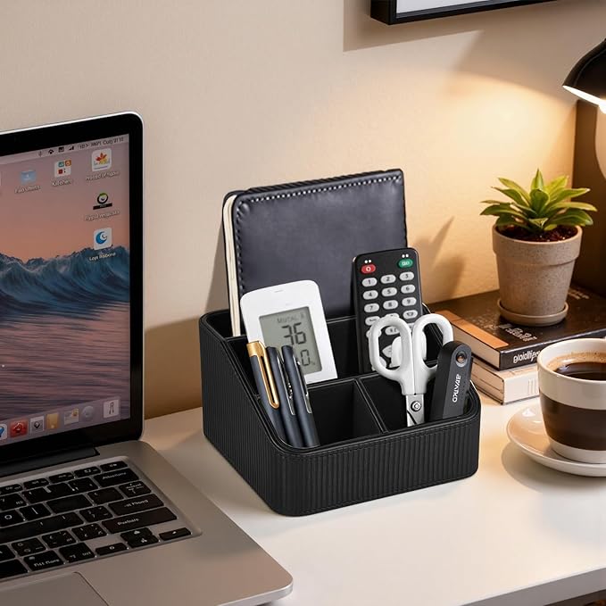 PU Leather Remote Control Holder with 4 Compartments, Small Desk Organizer Office Supply Bedside Caddy, All-in-One Small Bedside Remote Holder Nightstand Desktop Organizer