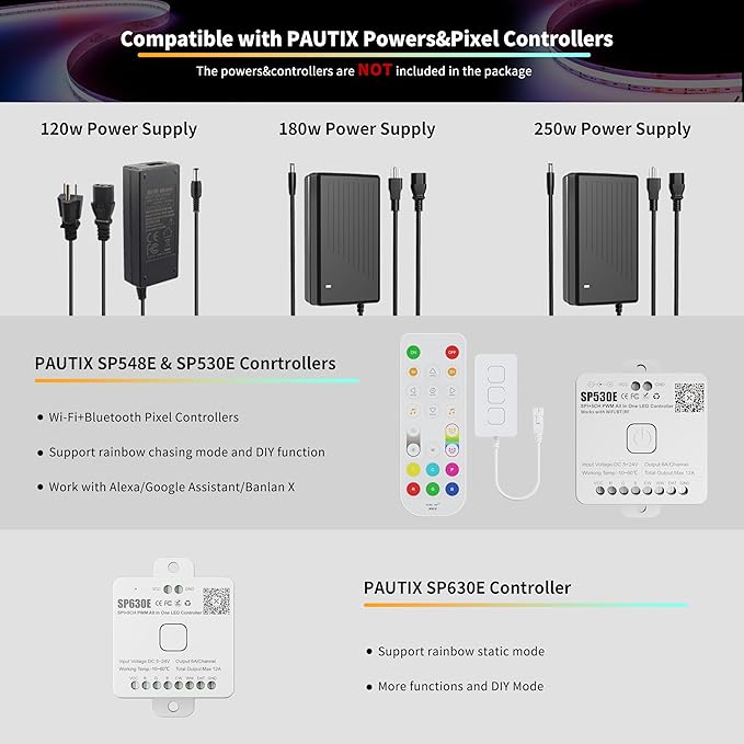 PAUTIX RGB Smart IC COB LED Strip Light IP65 Waterproof Addressable 24ft/7.5m,720LEDs/m UL-Listed 24V Chasing Color Strip Light Color Changing Flexible Tape Light(Without Controller&Adapter)