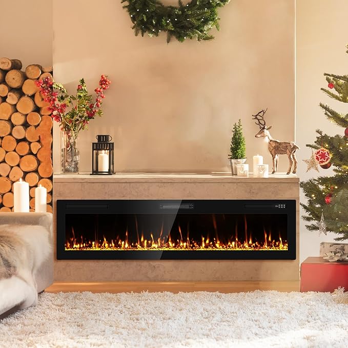2025Upgraded 72” Recessed and Wall Mounted Electric Fireplace, Ultra Thin Narrow Beleze Fire Places with Remote Control, Screen Control,Adjustable Flame Colors and Speed