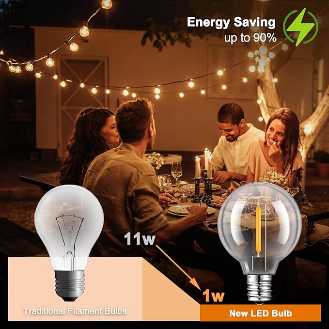 25 Pack G40 LED Replacement Light Bulbs, Waterproof Clear Globe Light Bulb E12 Screw Base for Outdoor String Lights, Patio Cafe Décor, Dimmable, Warm White