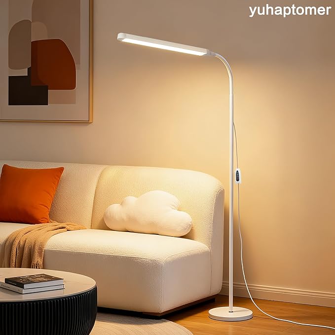 White 12W LED Bright Reading Floor Lamp for Living Room Bedroom Bedside Office Library, Eye-protection flicker-free adjustable from 3000-6000K ,Eyelash Tattoo Makeup Tall Standing Dimming Light