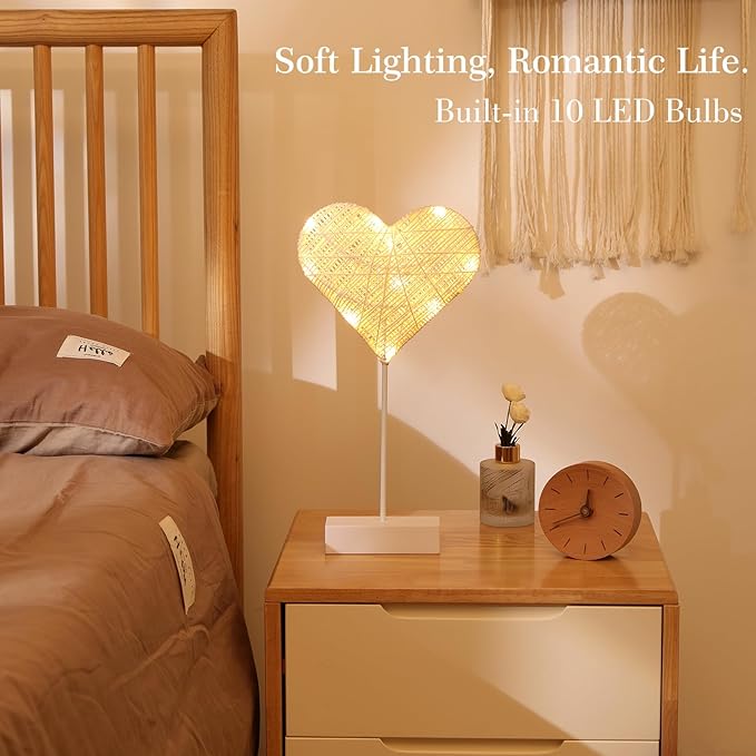 Lewondr Heart Decorative Table Lamp, Valentines Day LED Light Winding Cotton Thread Night Lamp for Bedroom, Battery Powered Desk Lamp for Galentine's Day Romantic Gifts for Women Home Decorations