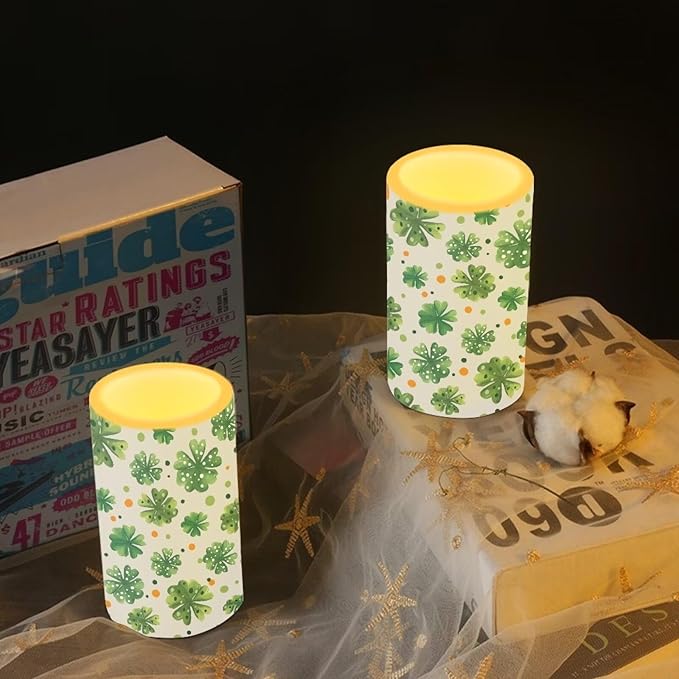 Lucky Leaves Flameless Candles St Patricks Day Candles Battery Operated Candles with Remote Control Color Changing LED Pillar Candles for Dining Room Bedroom Home Decorations