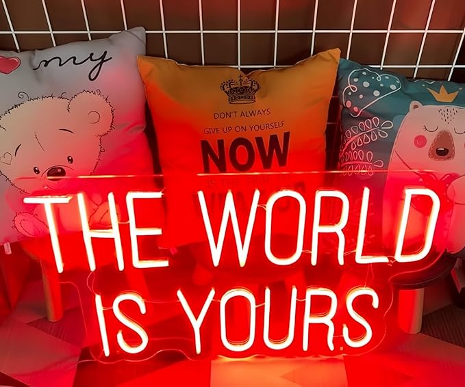 The World is Yours LED Neon Signs for Wall Decor Neon Wall Art Acrylic LED Lights with Hanging Chain Light Up for Bedroom Decor Graduation Bar Pub Wedding Party 5V USB Powered Dimmable