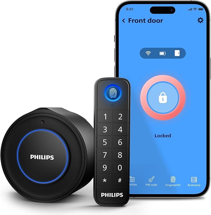 Philips WiFi Smart Lock with Fingerprint Keypad, Smart Deadbolt Smart Door Lock, Built-in WiFi, APP Remote Control, Keyless Entry Door Lock, Auto-Locking, Status Logging, Black