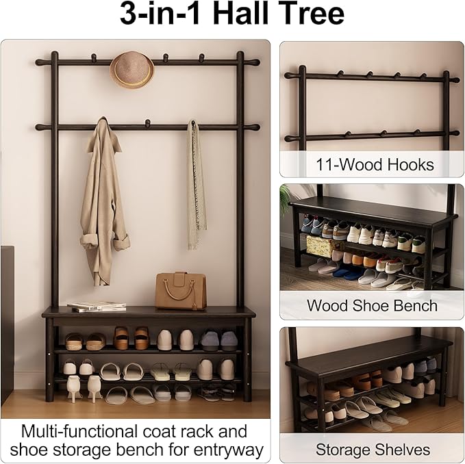 AQIMUELE Coat Rack with Shoe Storage, Wooden Hall Tree with Bench, 11 Hooks and 2-Tier Storage Shelves, 3-in-1, Entryway Bench with Coat Rack (39.3"-Black)