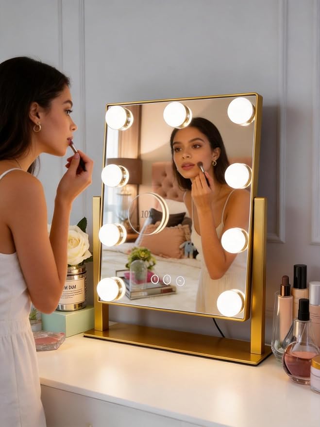Makeup Vanity Mirror with Lights 13.77"x 11.81" LED Makeup Mirror Detachable 10X Magnification, Hollywood Make Up Mirror with Lighting, Smart Touch, Rechargeable,360° Rotation, (Gold)
