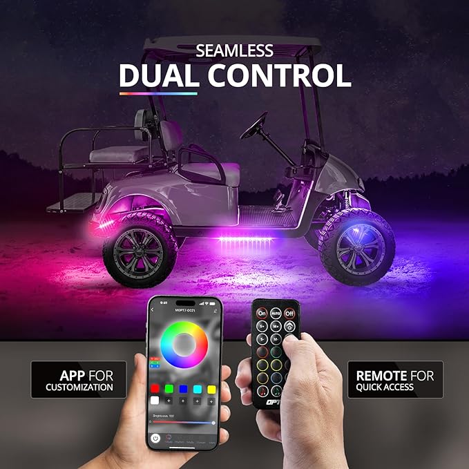 OPT7 12V Aura DreamColor Golf Cart Underglow LED Light Kit with App & Remote Control, 4PC Waterproof Multicolor Light Strips, Music Neon Accent Chasing Lighting for EZGO Yamaha Club Car, Easter Gift