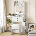 Vabches Small Makeup Vanity Desk with 3 Adjustable Lighted Mirror, White Vanity Set with Fold-up Panel and Charging Station, Glass Top Dressing Table with Drawers and Chair, 2 Hidden Storage Shelves