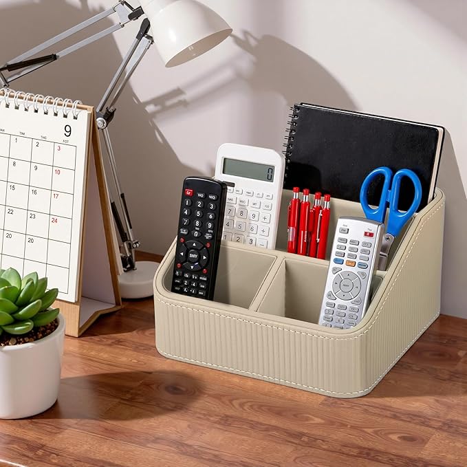PU Leather Remote Control Holder with 4 Compartments, Small Desk Organizer Office Supply Bedside Caddy, All-in-One Small Bedside Remote Holder Nightstand Desktop Organizer