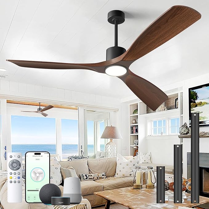 Ceiling Fans with Lights, Ceiling Fans with Lights and Remote, 60 inch Modern Smart Ceiling Fan with Light, Outdoor Ceiling Fans for Patios 3 Blade Bedroom Living Room Porch(Dark Walnut)