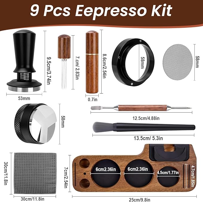 9 Pack Espresso Tamper Station&Coffee Distributor Tamper&Espresso WDT Stirrer&Coffee Tamping&Brush&Coffee Dosing Funnel&Espresso Puck Screen, Latte Art pen and Towel (58 mm)