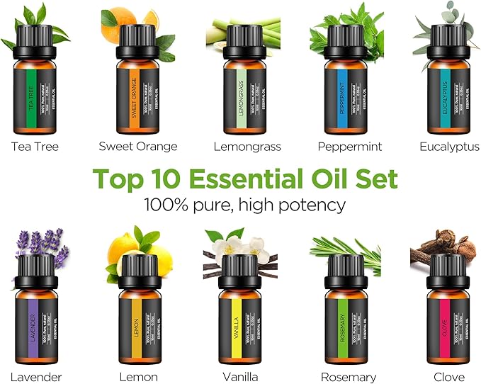 InnoGear Aromatherapy Diffuser & 10 Essential Oils Set, 400ml Diffuser Ultrasonic Diffuser Cool Mist Humidifier with 4 Timers 7 Colors Light Waterless Auto Off for Valentine's Gift, Dark Wood Grain