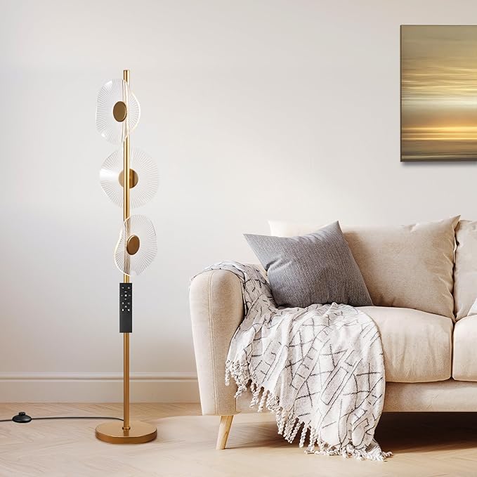 LED Dimmable Floor Lamp with Remote & Foot Switch, 2700–6000K Adjustable Color Temperature & Stepless Dimming, Sculptural Leaf-Disc Tall Standing Lamp, Brass Gold Corner Lamp for Living Room Bedroom
