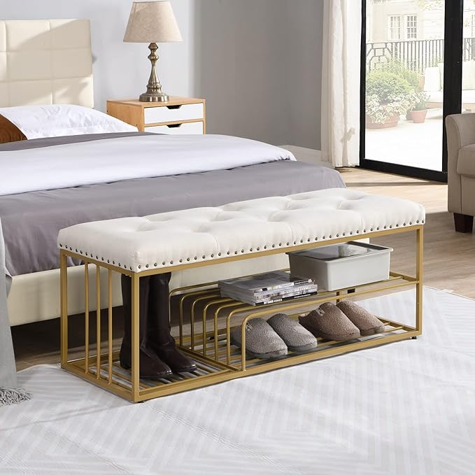 Linen Bench with Storage-Entryway Shoe Storage with Tufted Padded Seat,Gold Mental Frame Ottoman Bench for Bedroom Entry Window Mudroom Living Room,Beige