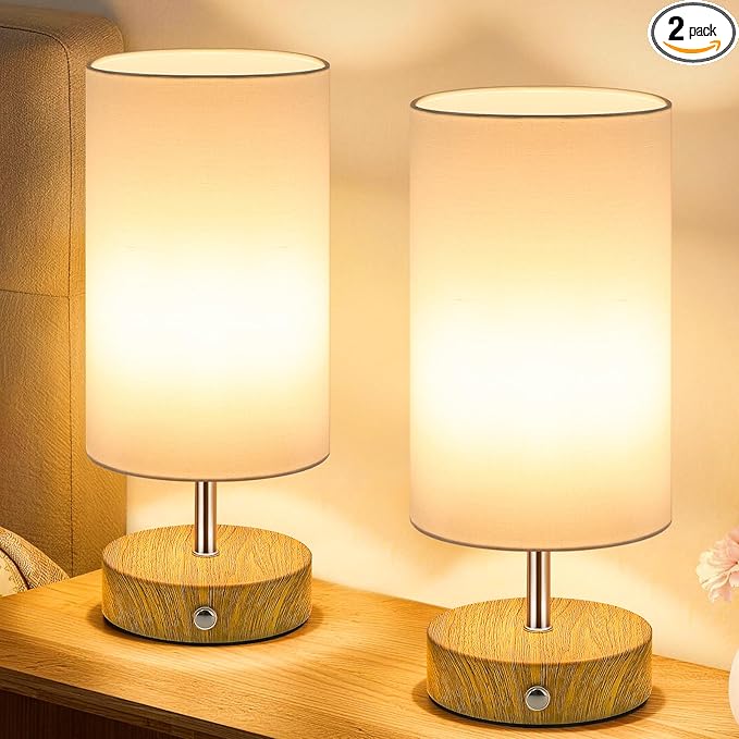2-Pack Rechargeable Table Lamps, Cordless Bedside Lamps with Stepless Dimming, Portable 6000mAh Battery Operated LED Desk Lamps, Wireless Lamps with Wood-Grain Base, Modern Night Light for Bedroom