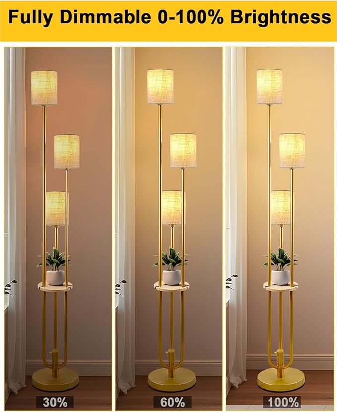 Lightdot Dimmable Floor Lamp for Living Room 3-Light Modern Floor Lamps with Table&Linen Beige Shade 3000K Warmwhite Gold Standing Lamp for Bedroom/Sofa Beside/Corner Decor (Bulbs Included)