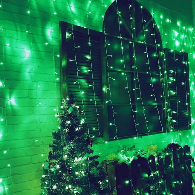 HEYFUNi 9.8 x 9.8ft Green Curtain Lights - 304 LED Hanging Fairy Lights for St. Patrick’s Day Decorations, 8 Modes Waterproof Window String Lights with Memory, Green Backdrop for Party Bedroom Wall