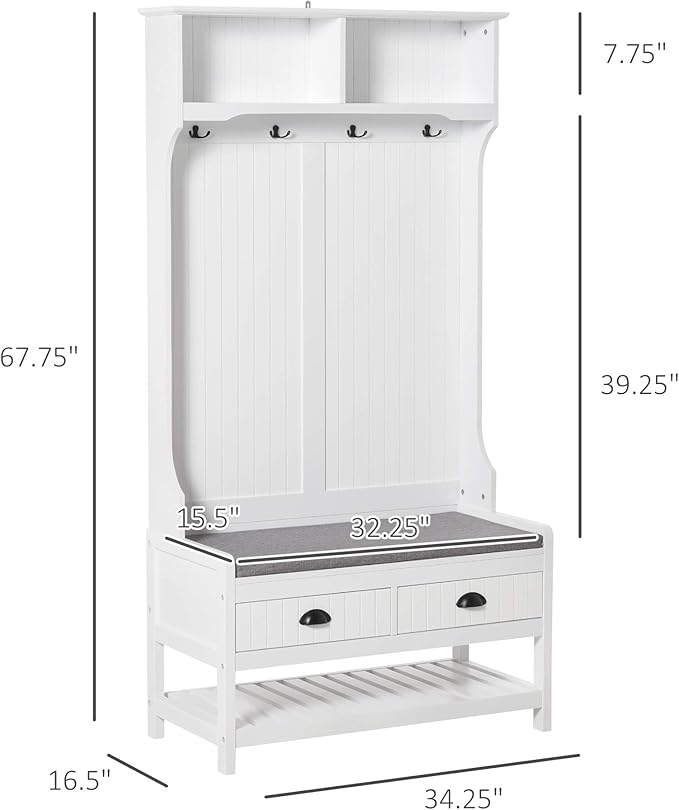 HOMCOM 3-in-1 Hall Tree, Entryway Bench with Coat Rack, Mudroom Bench with Shoe Rack, 2 Storage Drawers, 4 Hooks and Padded Seat Cushions for Hallway, White