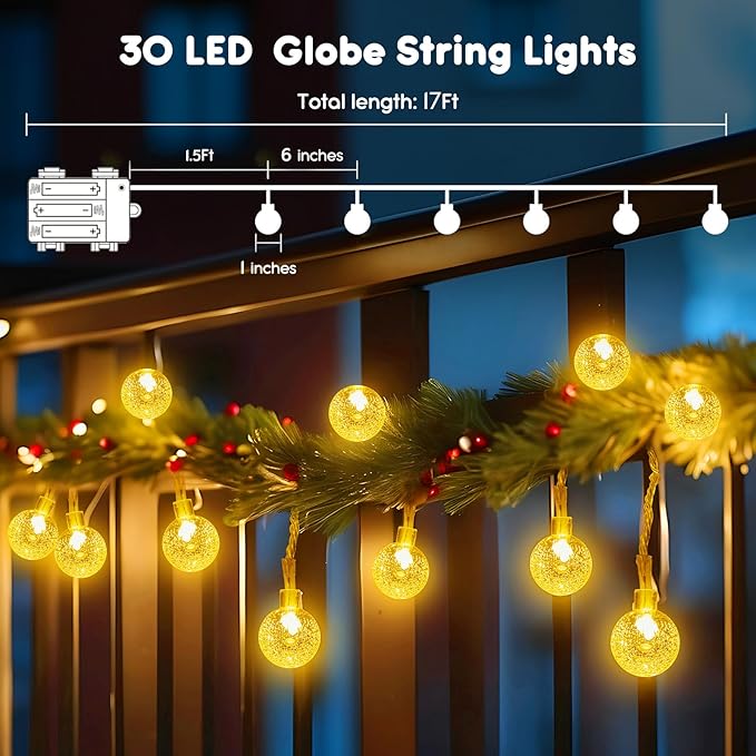 Minetom Crystal Globe String Lights Battery Operated - 17 ft 30 LED Globe Fairy Lights with Remote and 8 Modes, Waterproof for Bedroom Tent Loft Camping Porch Patio Party Wedding Decor, Warm White